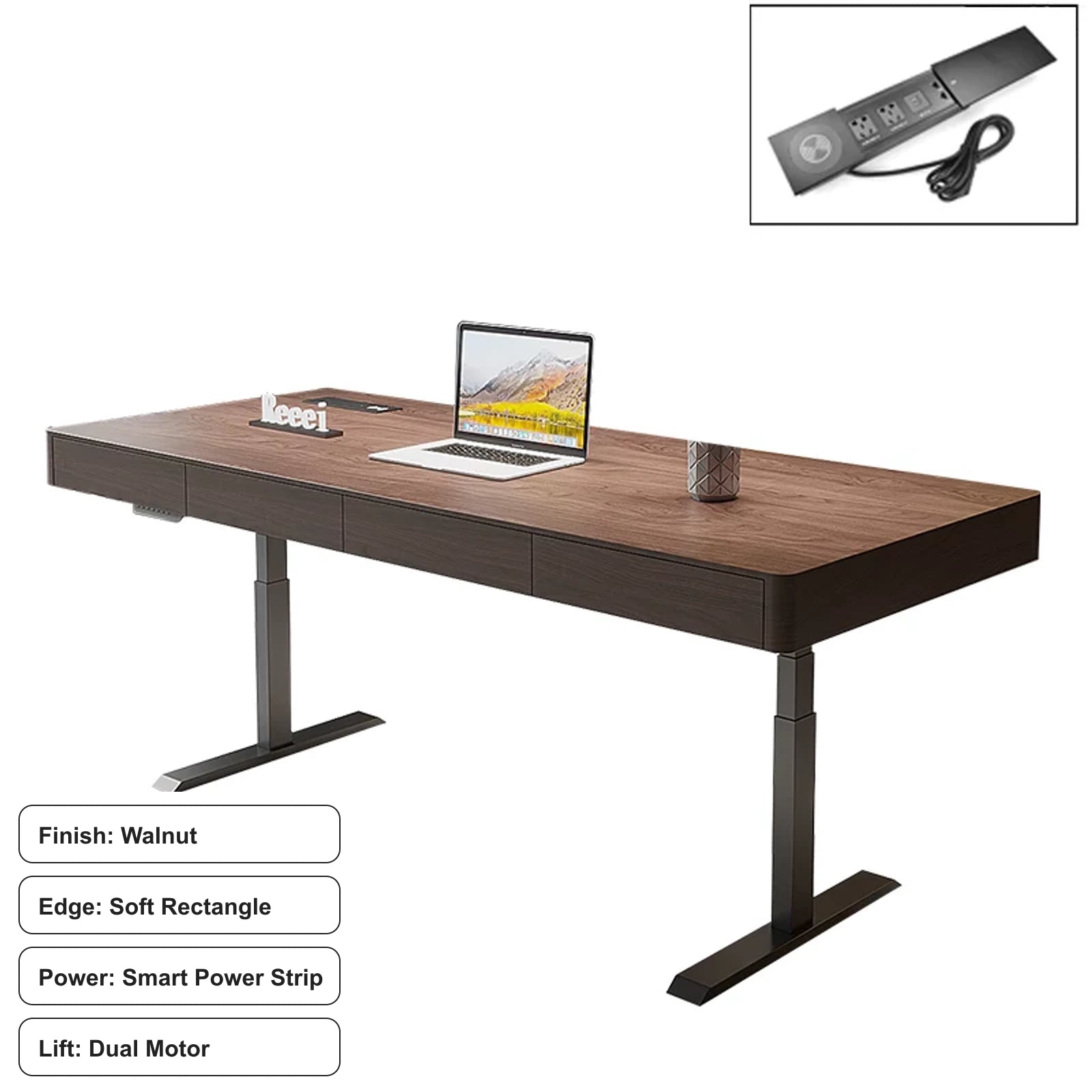 walnut electric standing desk, soft rectangle, smart power strip