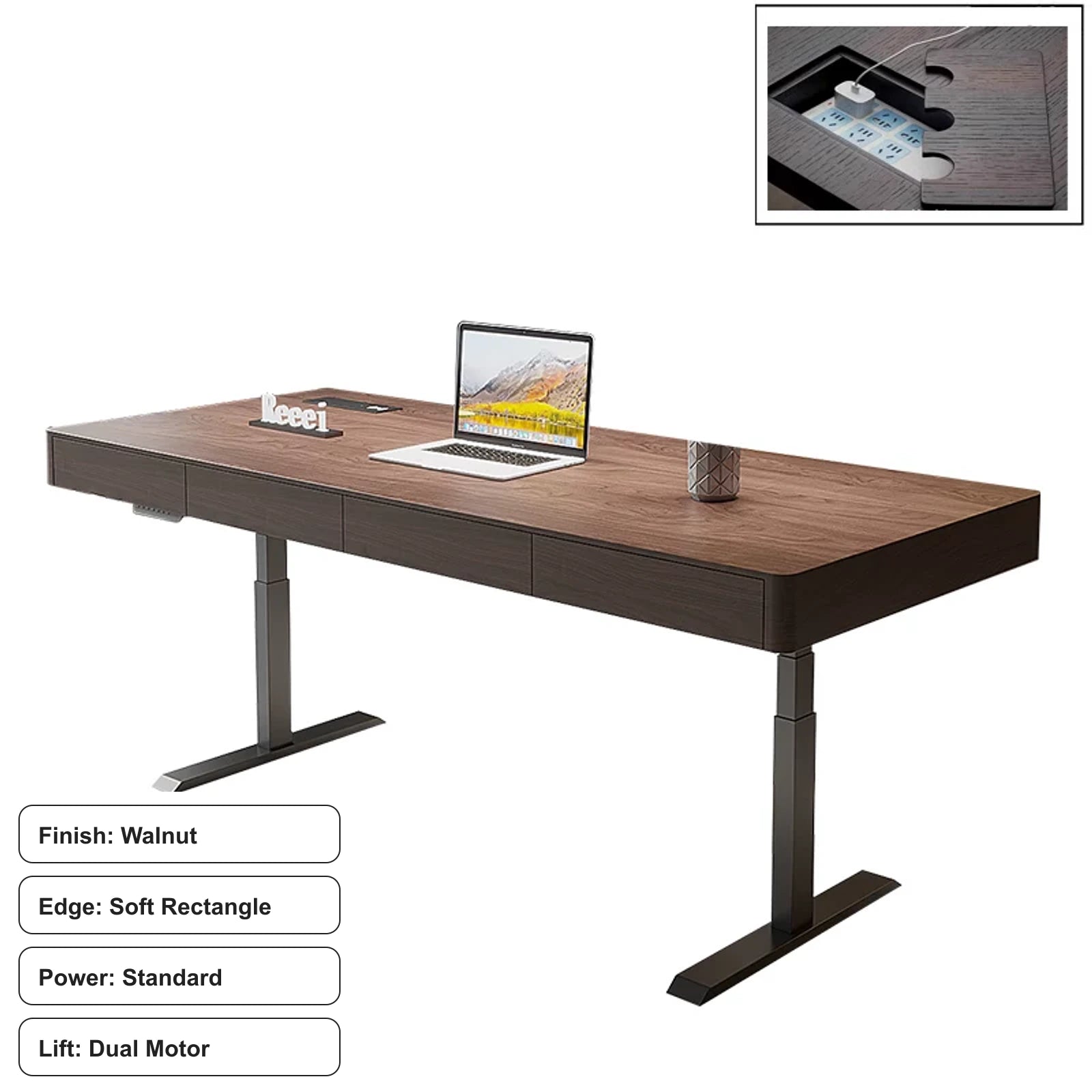 walnut electric standing desk, soft rectangle, standard