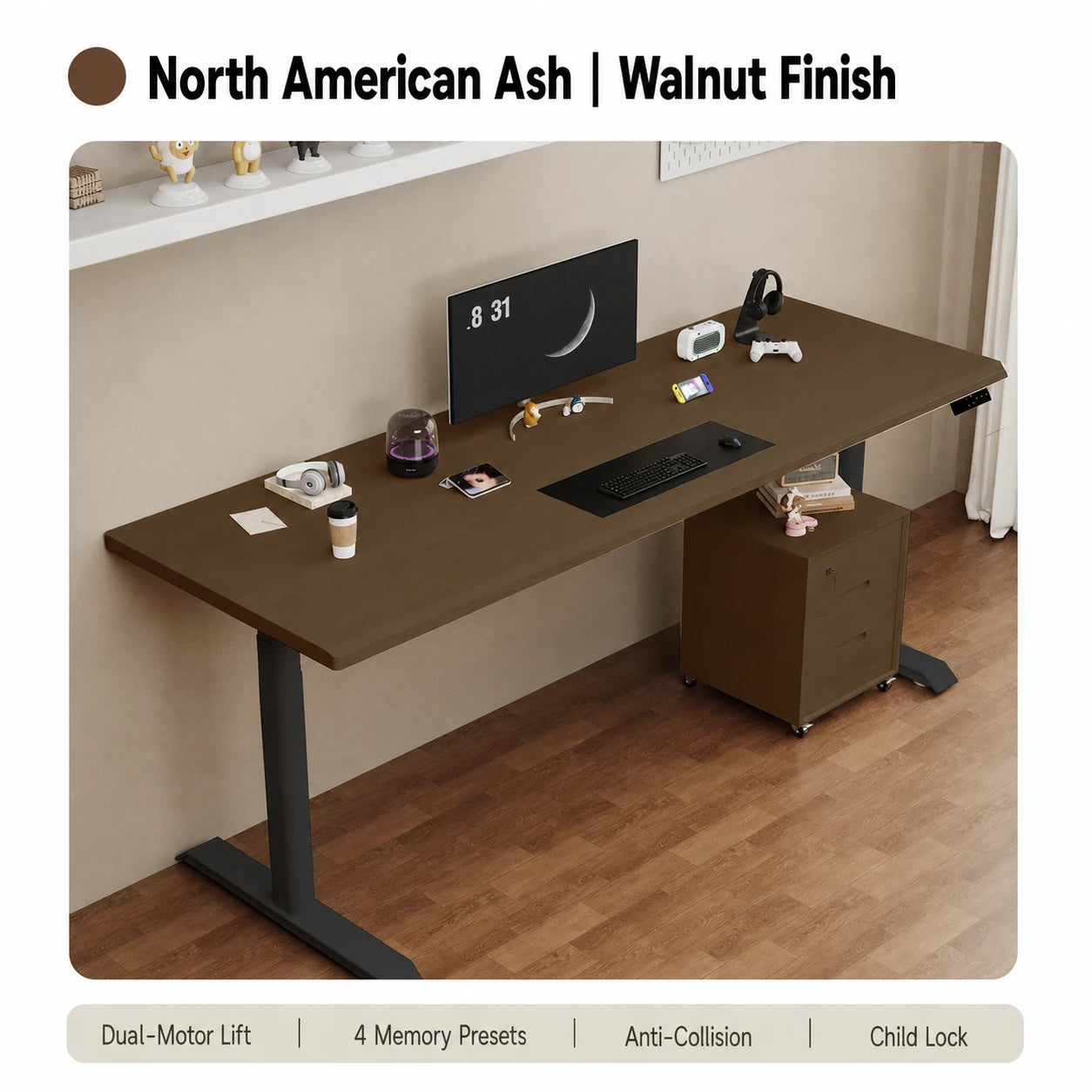 North American ash electric standing desk with walnut finish