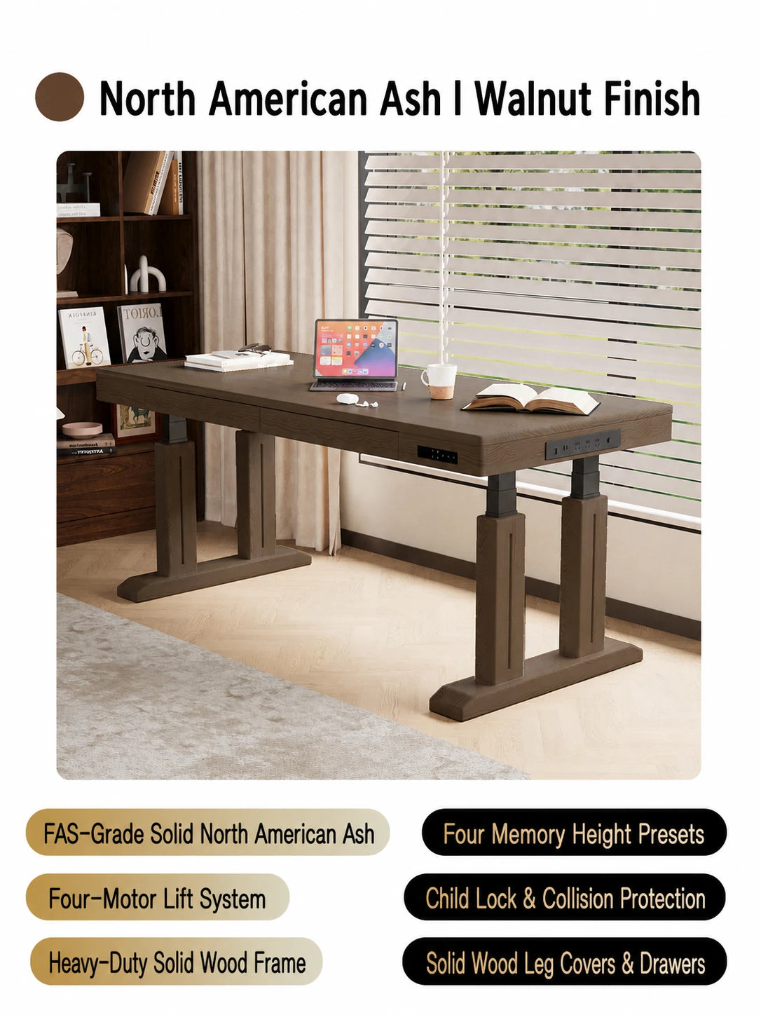 North American ash electric standing desk with walnut finish