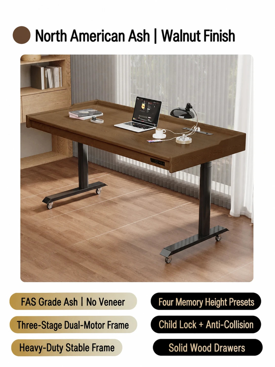 North American ash mobile standing desk with walnut finish