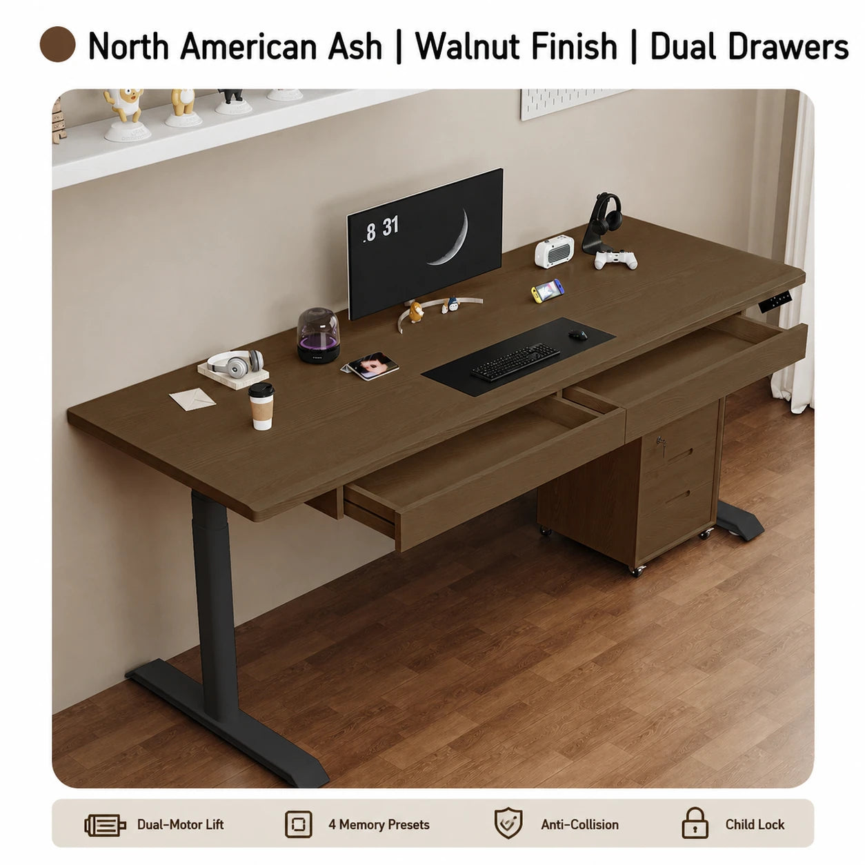 Walnut-finish ash electric standing desk with dual drawers