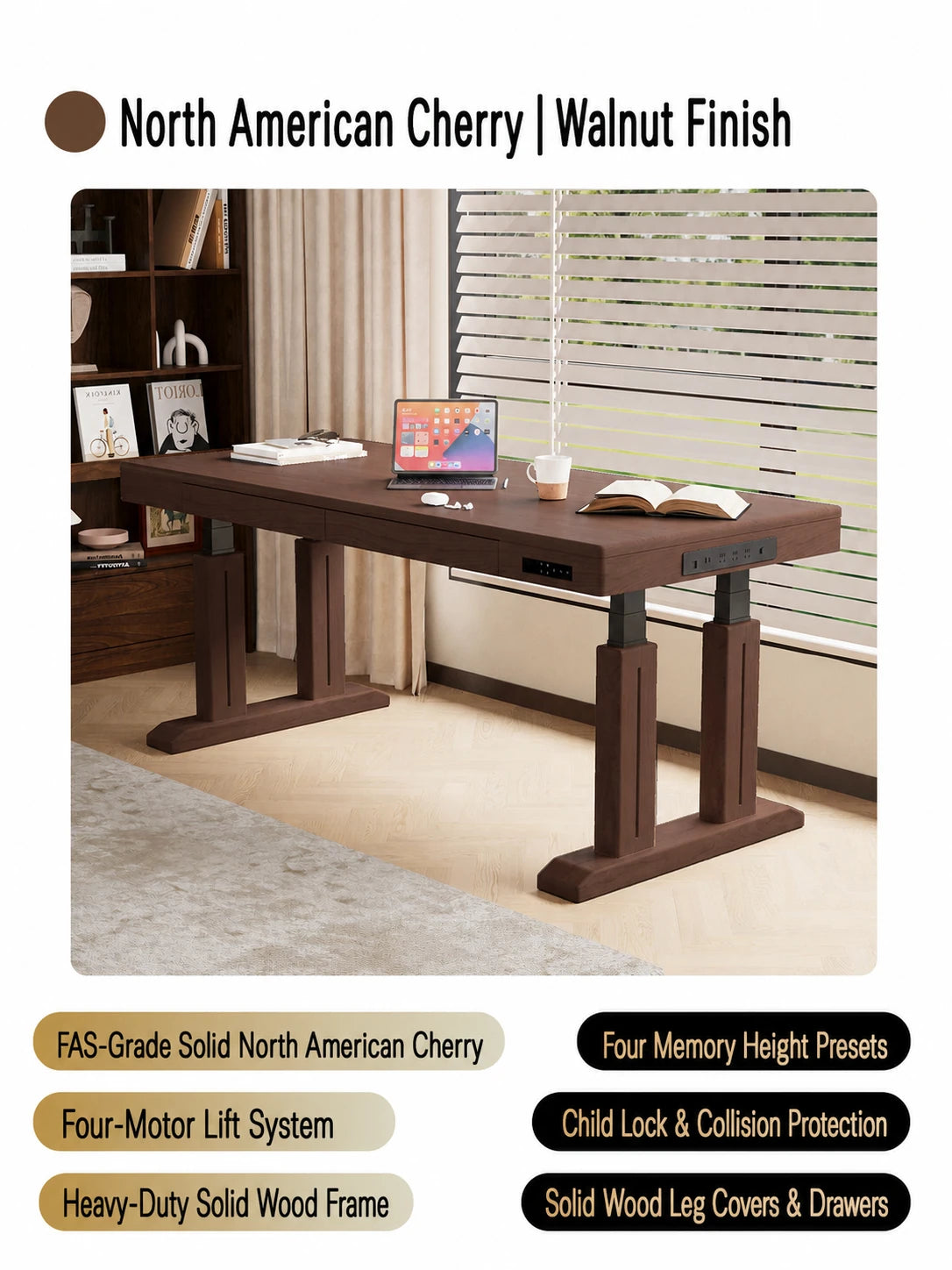 North American cherry electric standing desk with walnut finish