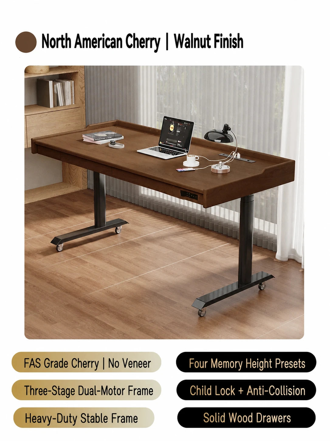 North American cherry mobile standing desk with walnut finish