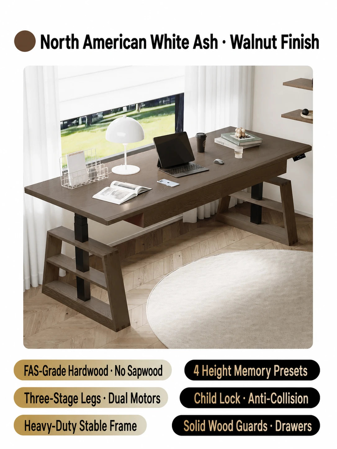Walnut finish white ash electric standing desk
