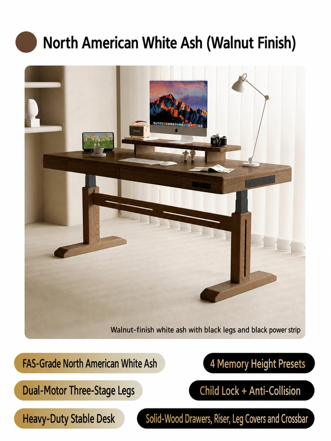 Walnut-finish white ash dual-motor electric standing desk with black legs