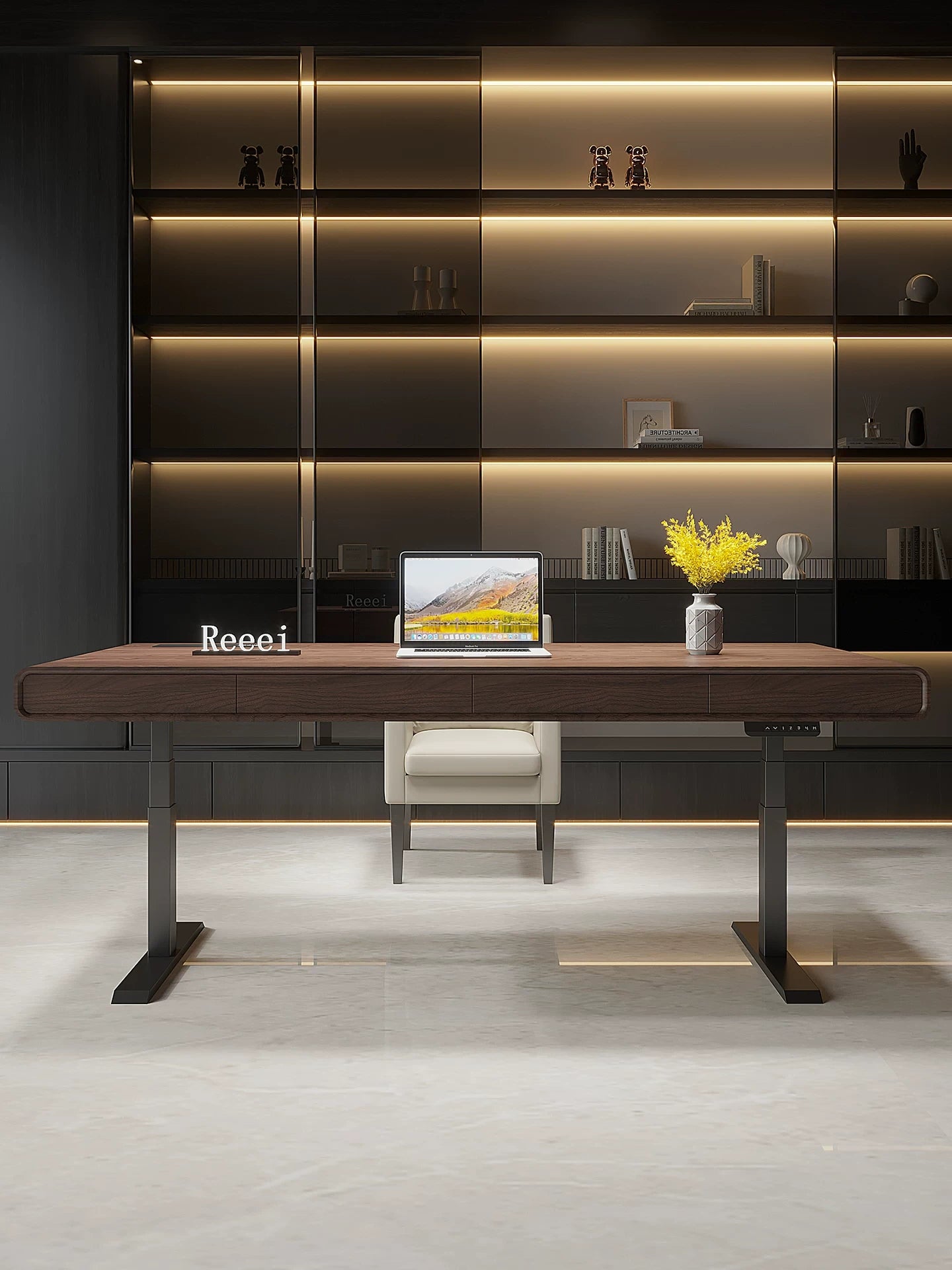 walnut height adjustable desk front view
