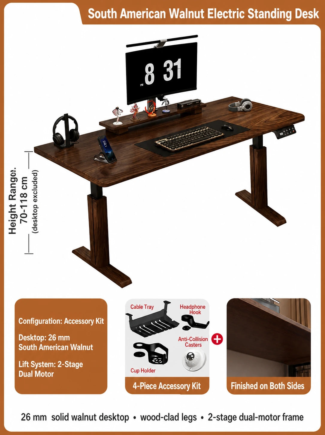 South American walnut standing desk with two-stage dual motors and accessory kit