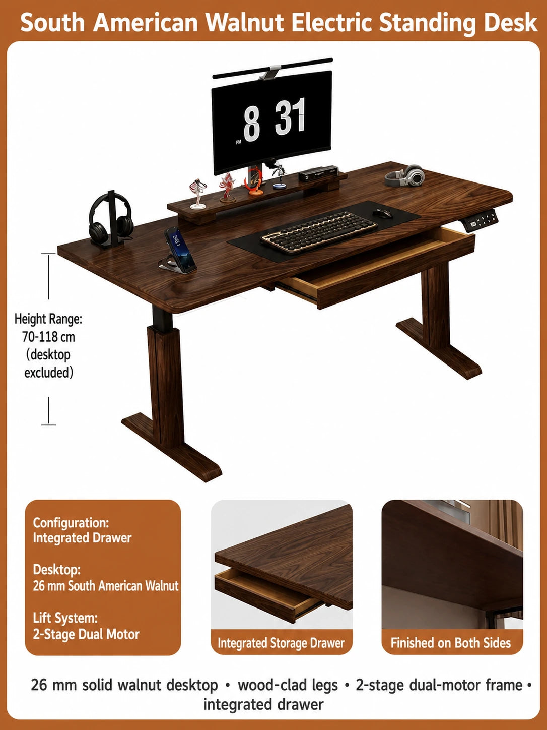 South American walnut standing desk with two-stage dual motors and integrated drawer