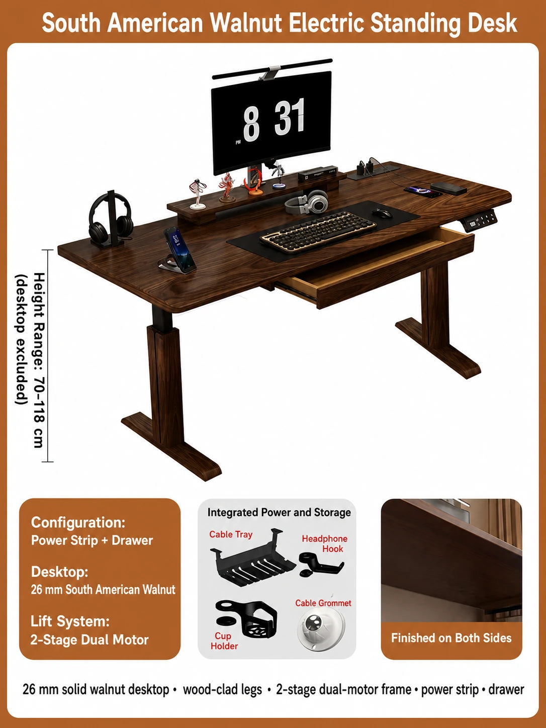 South American walnut standing desk with two-stage dual motors, power strip and drawer