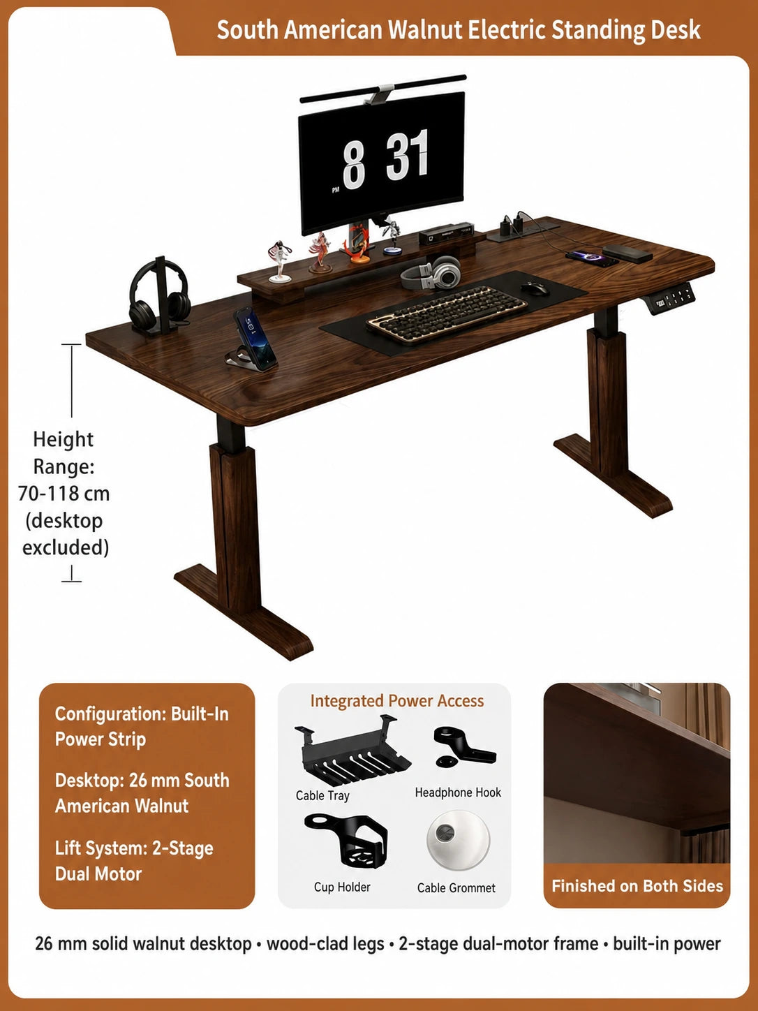 South American walnut standing desk with two-stage dual motors and built-in power strip