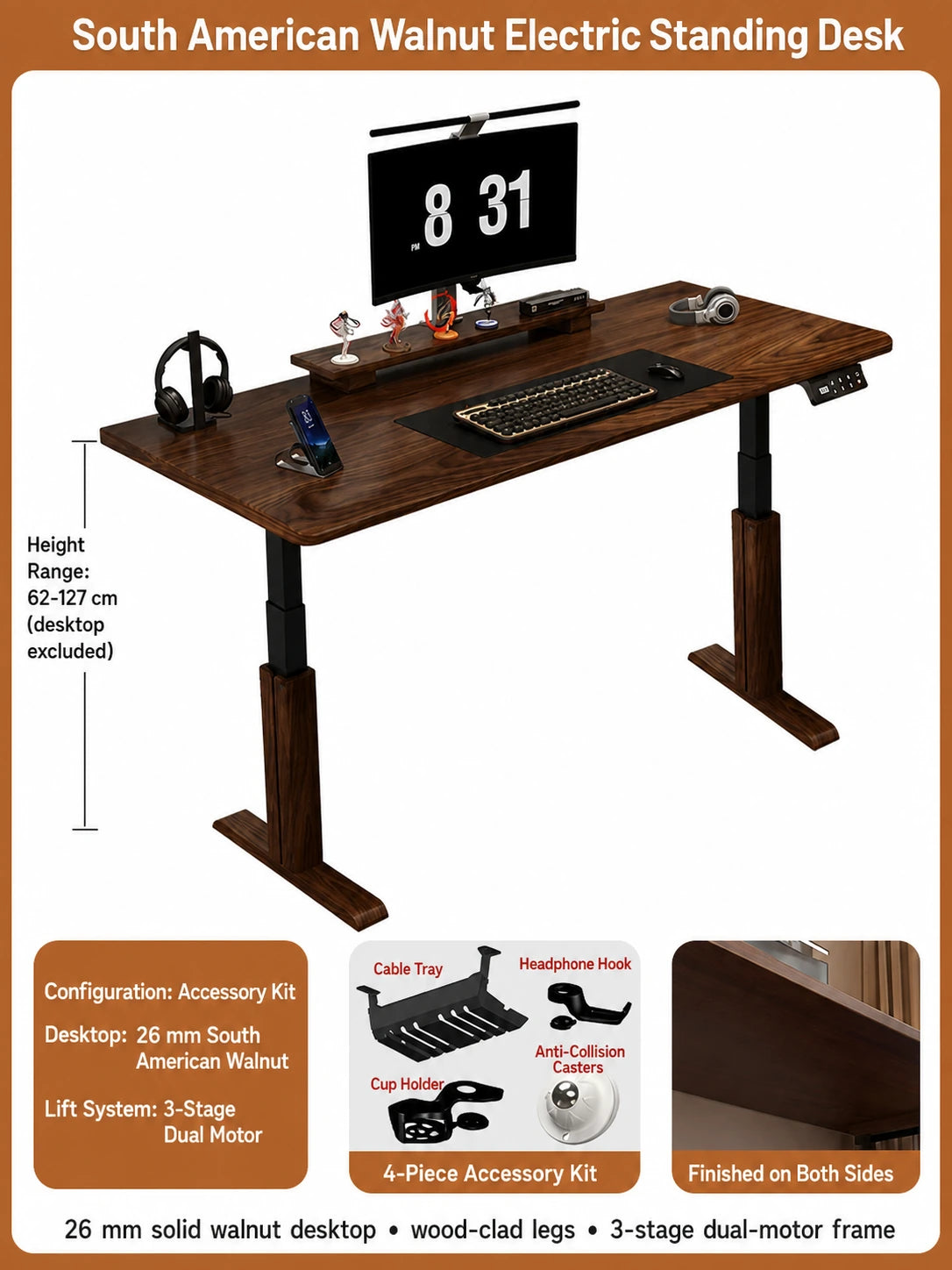 South American walnut standing desk with three-stage dual motors and accessory kit