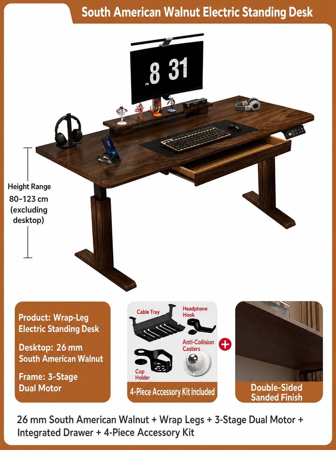 South American walnut standing desk with three-stage dual motors and integrated drawer