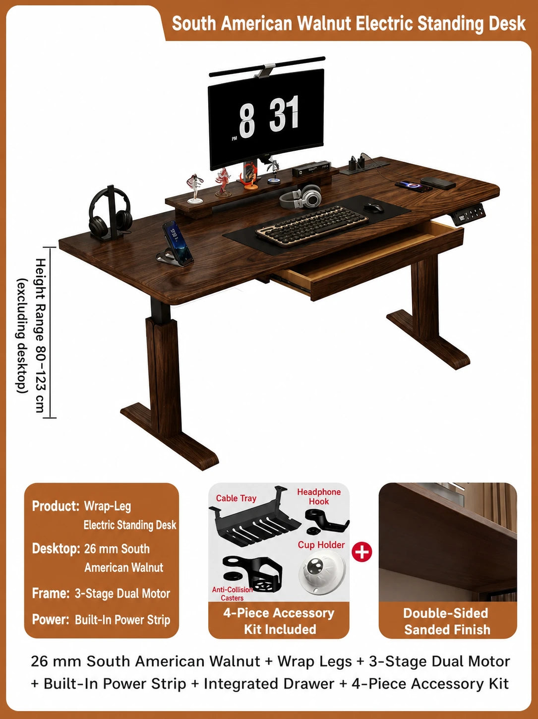 South American walnut standing desk with three-stage dual motors, power strip and drawer