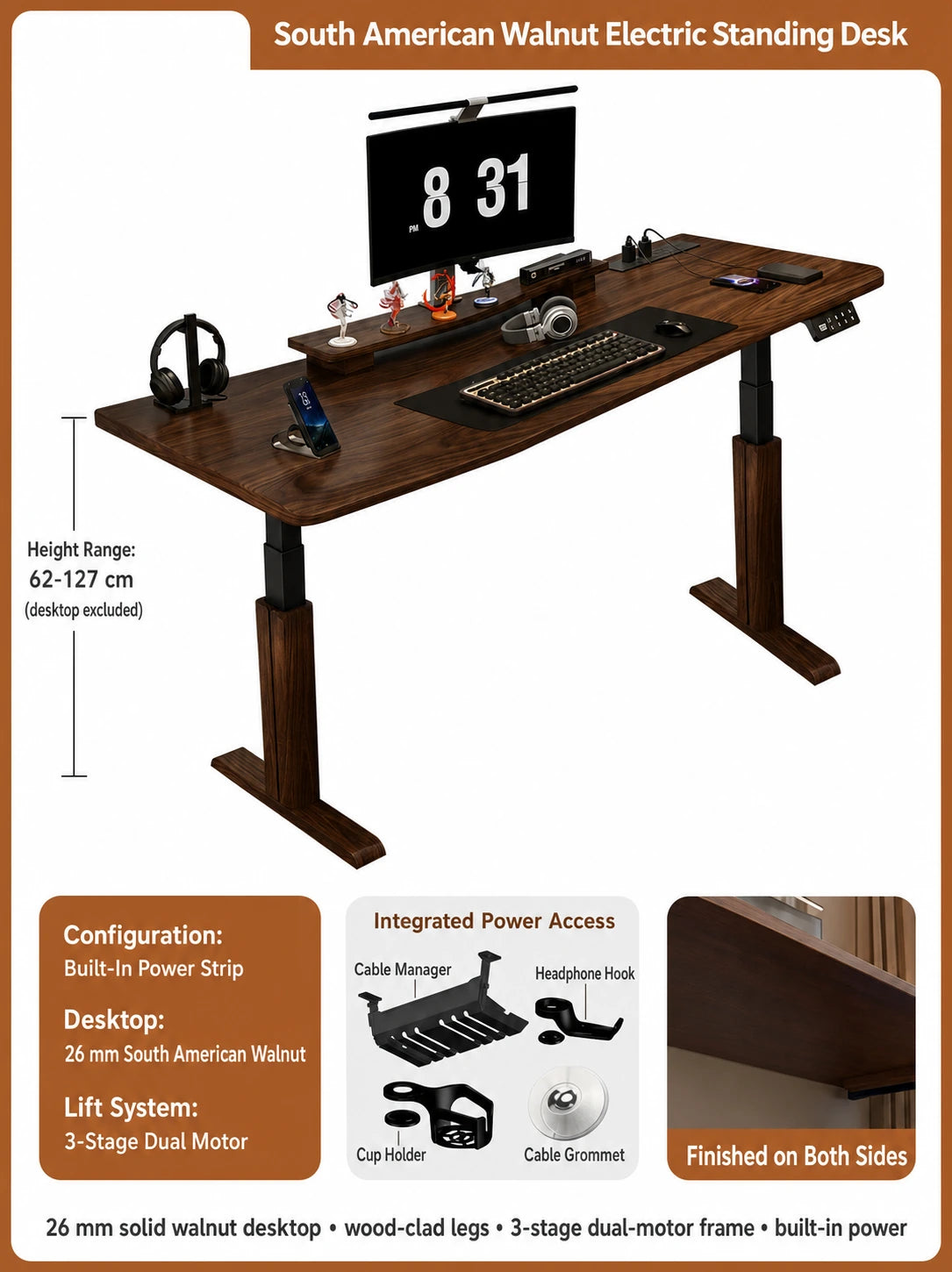 South American walnut standing desk with three-stage dual motors and built-in power strip