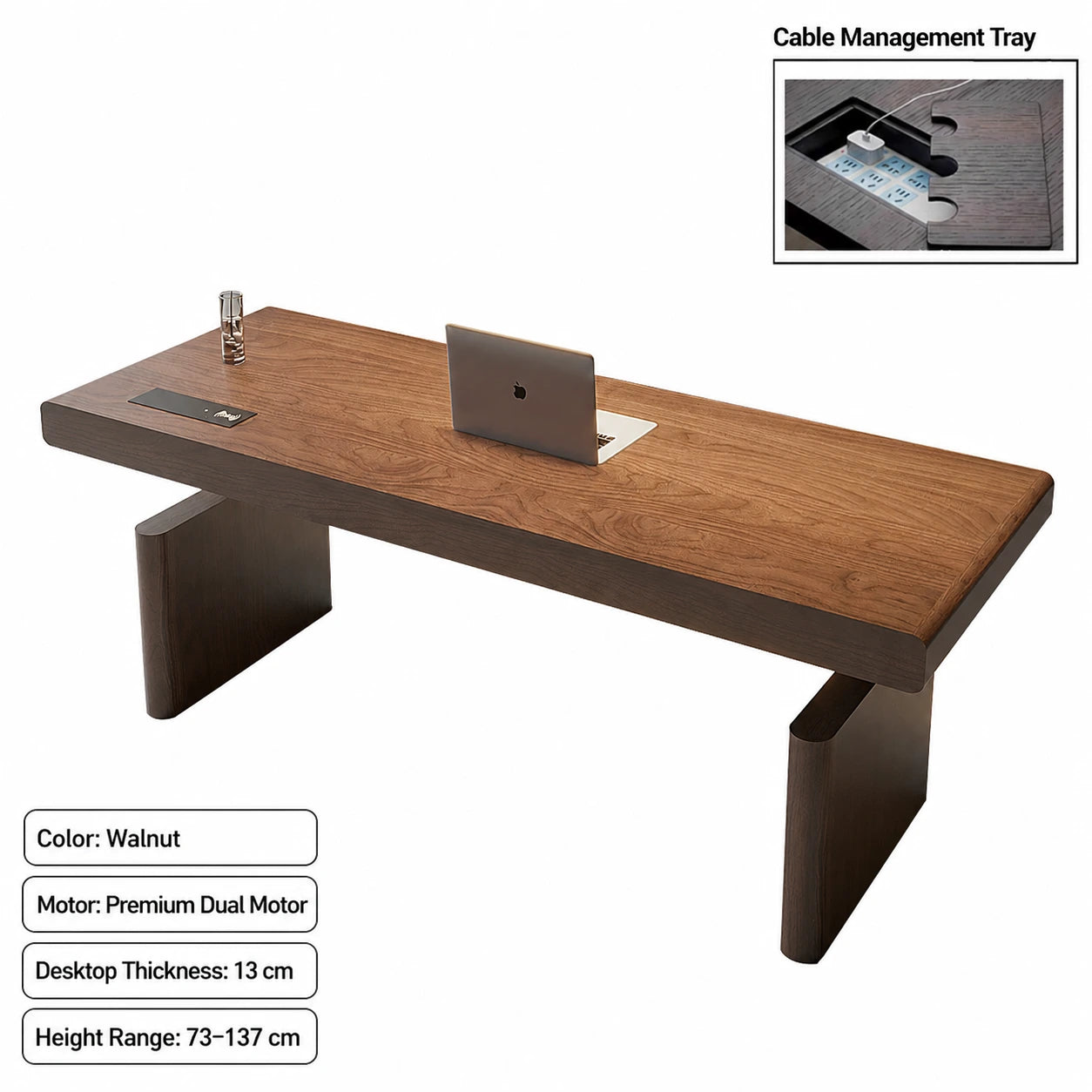walnut dual motor standing desk with cable management tray