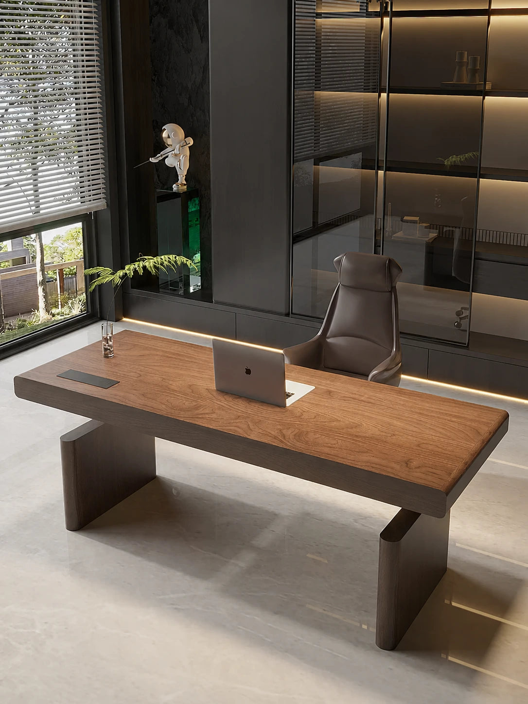walnut executive standing desk with thick desktop in a modern office