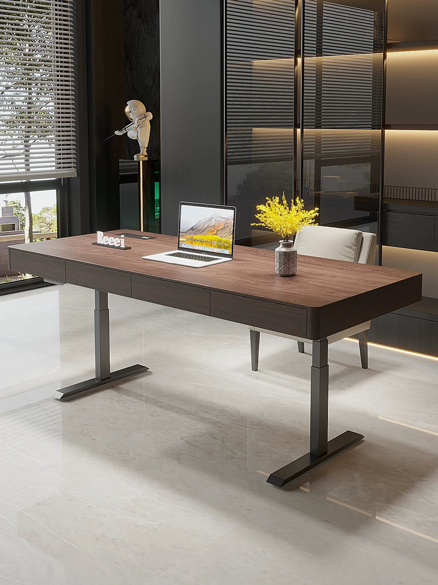 walnut standing desk integrated power detail