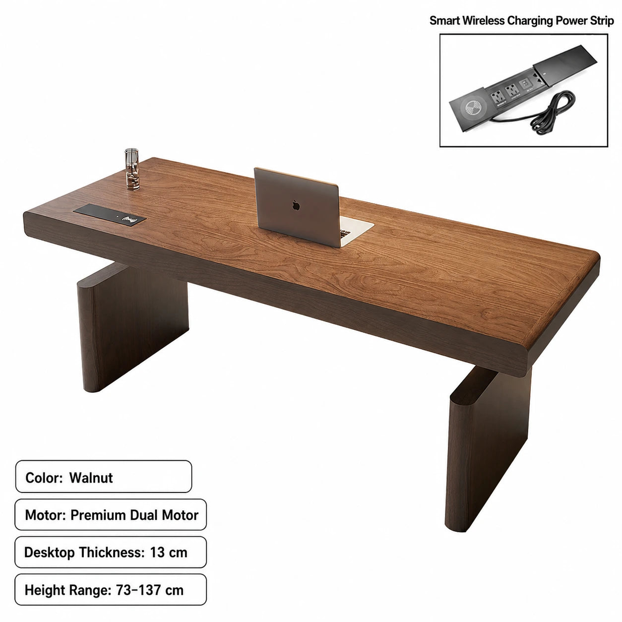 walnut standing desk with wireless charging power strip