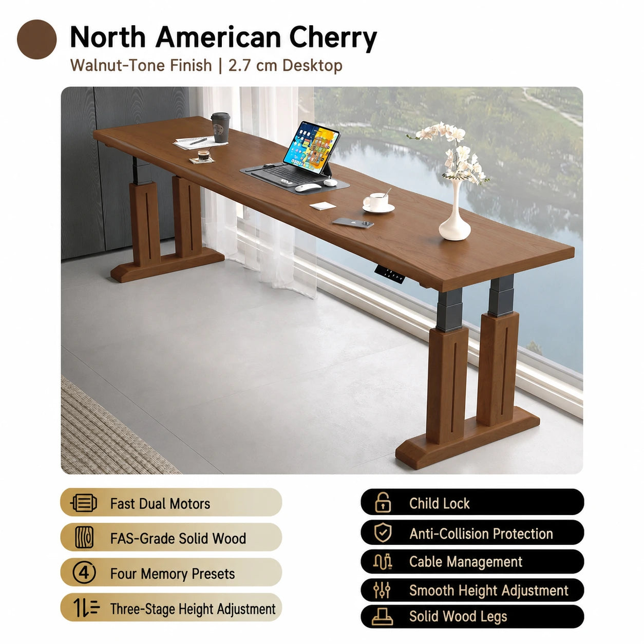 Walnut-tone cherry electric standing desk with three-stage frame