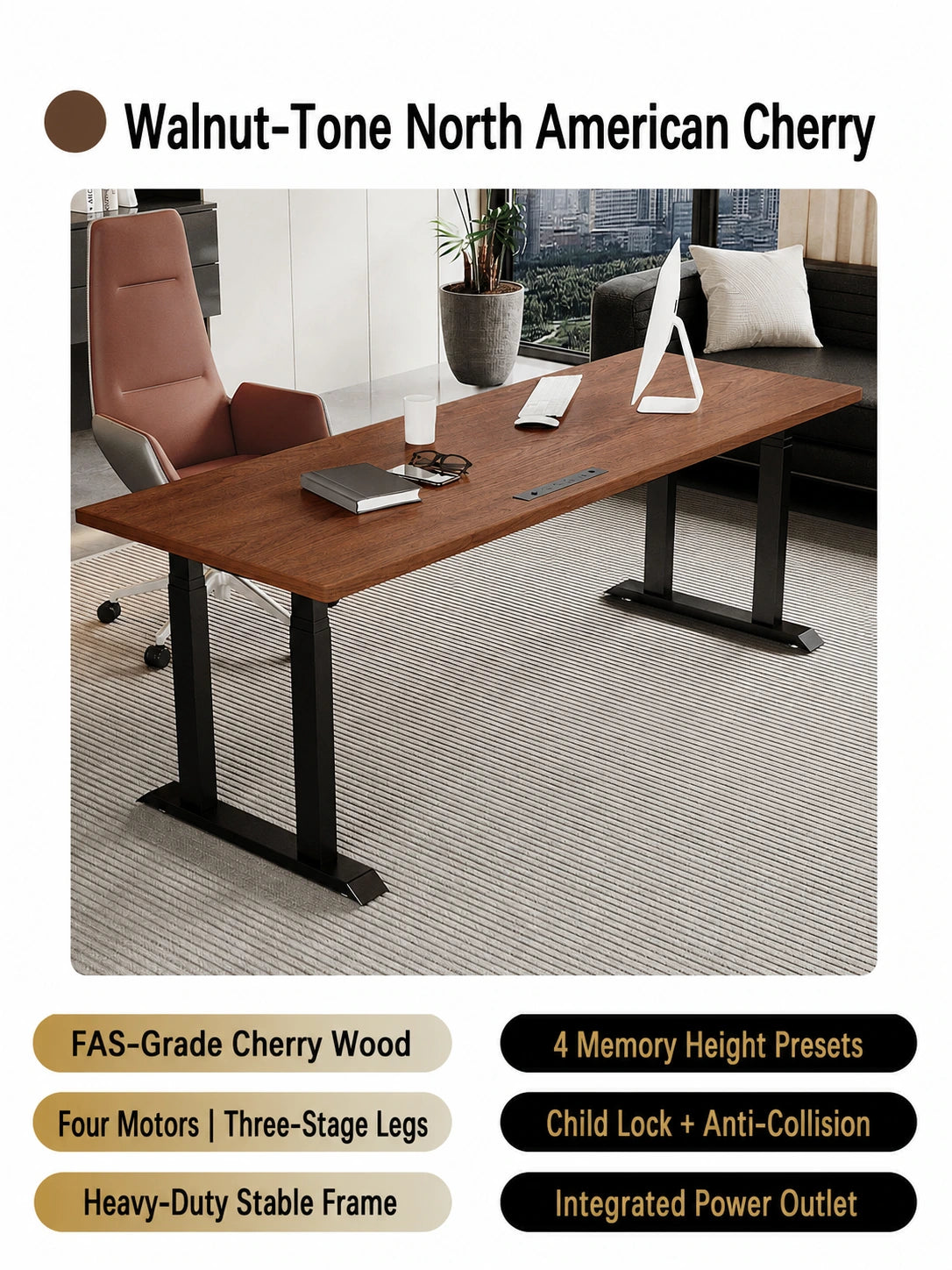 Walnut-tone cherry four-motor electric standing desk