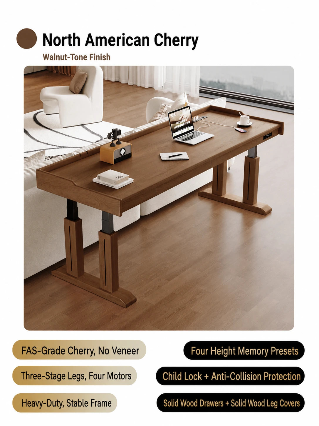 Walnut-tone cherry electric standing desk with solid wood leg covers