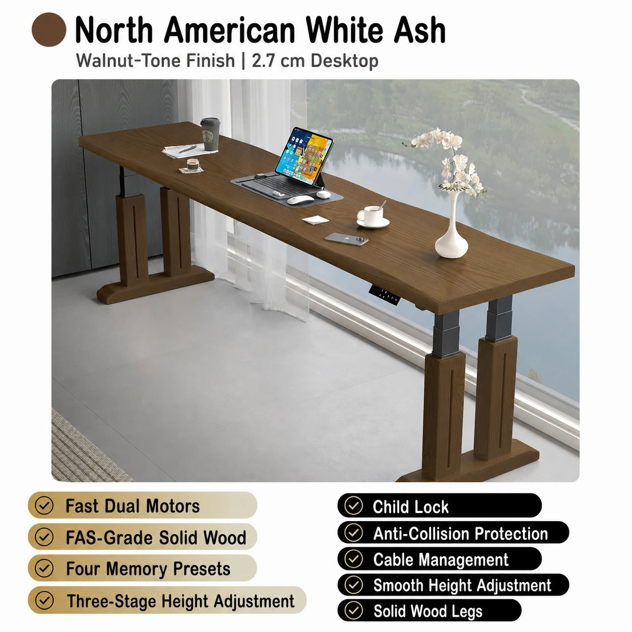Walnut-tone white ash electric standing desk with dual motors