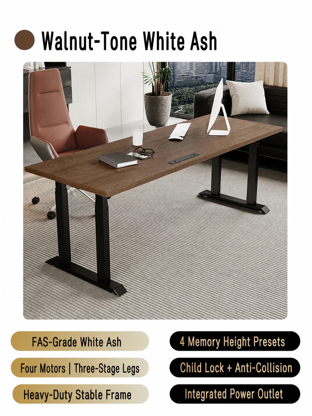 Walnut-tone white ash four-motor electric standing desk
