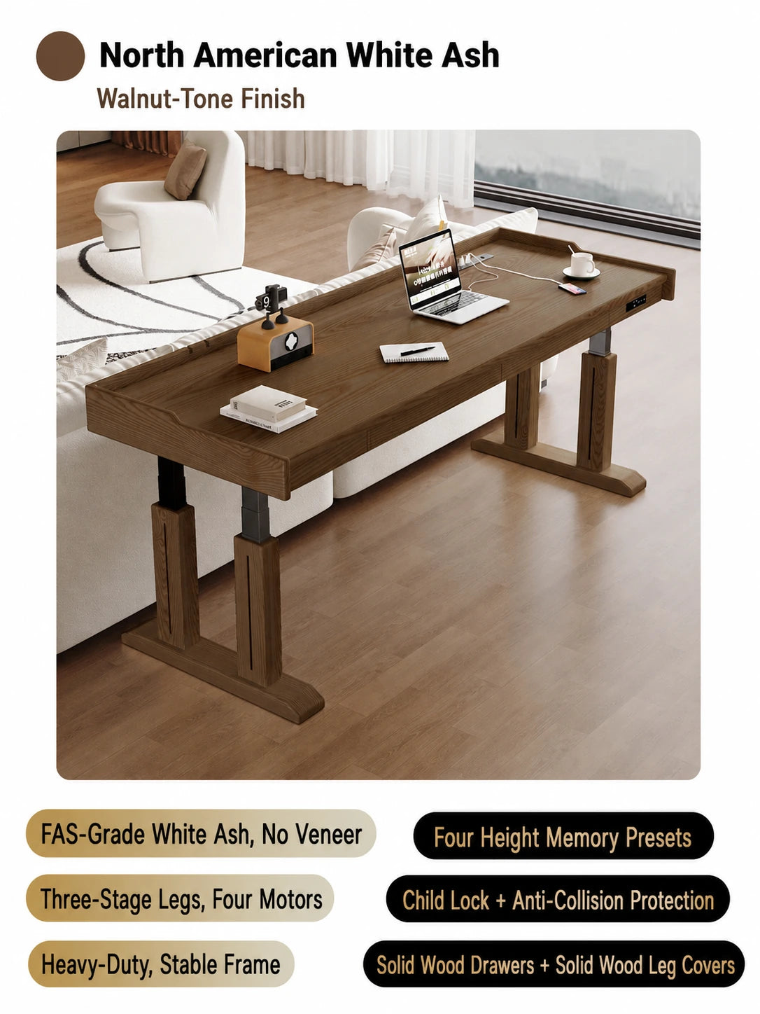 Walnut-tone white ash standing desk with four-motor lift system