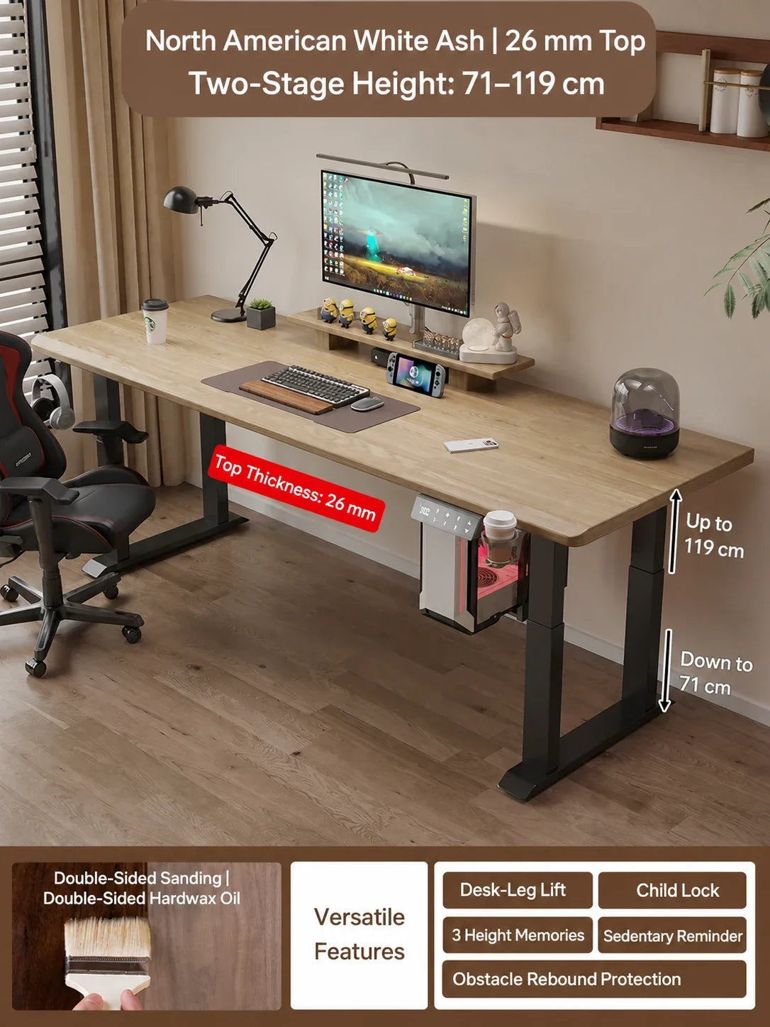 north american white ash 26 mm standing desk desktop option