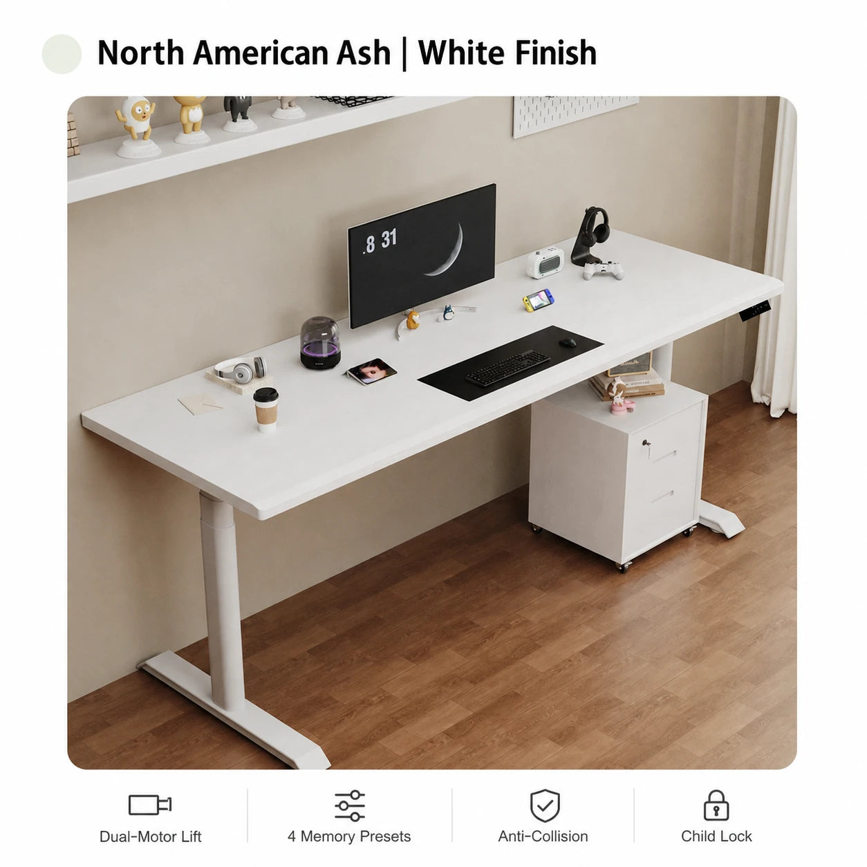 White-finish North American ash dual-motor electric standing desk