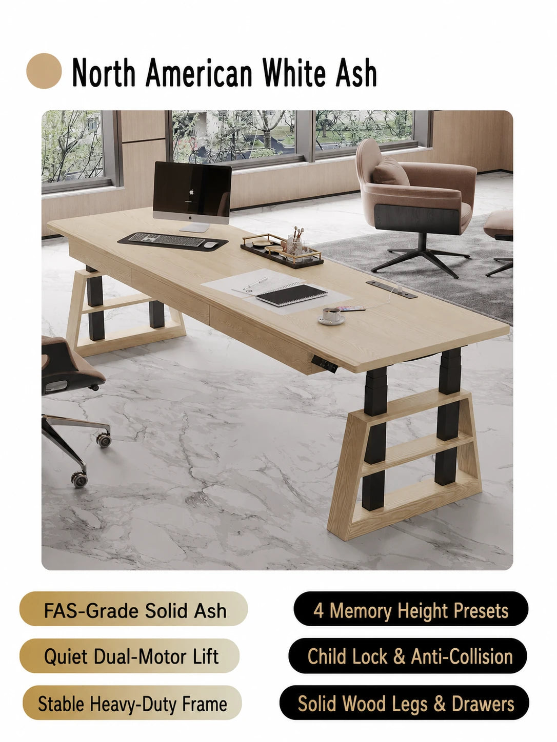 North American white ash dual-motor electric standing desk