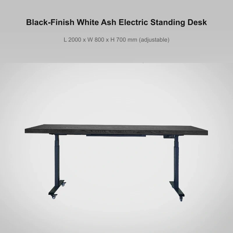 Black-finish white ash electric standing desk, 2000 x 800 x 700 mm