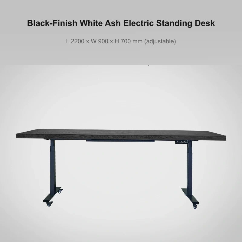 Black-finish white ash electric standing desk, 2200 x 900 x 700 mm