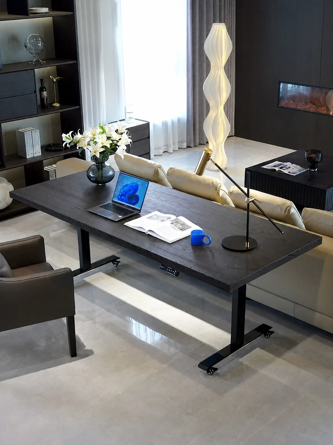 White ash electric standing desk in a modern home office