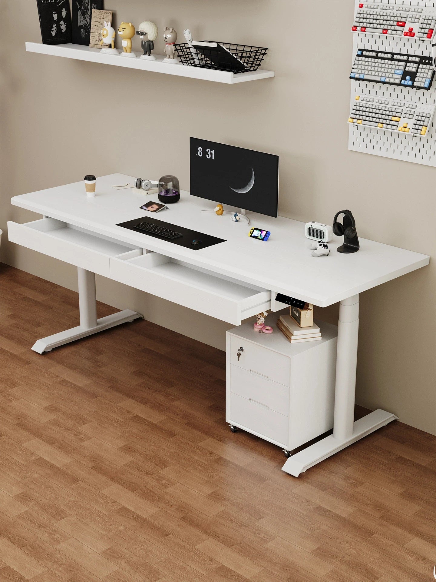 White ash electric standing desk in a modern home office