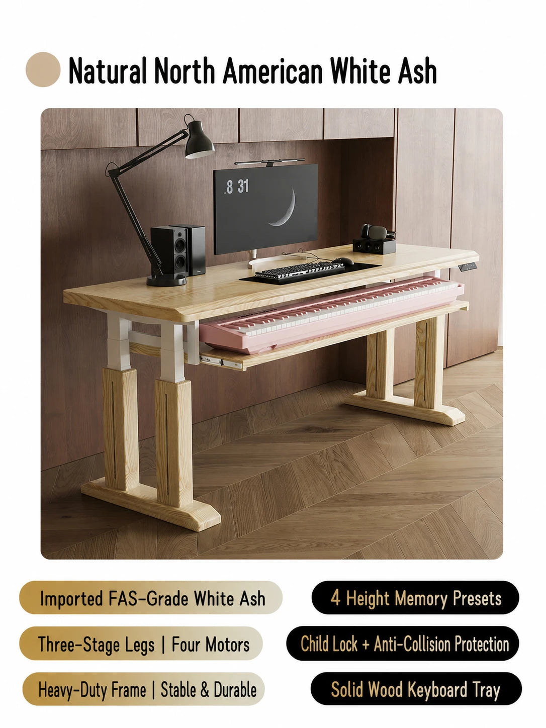 Four-motor white ash standing desk with memory presets and piano tray