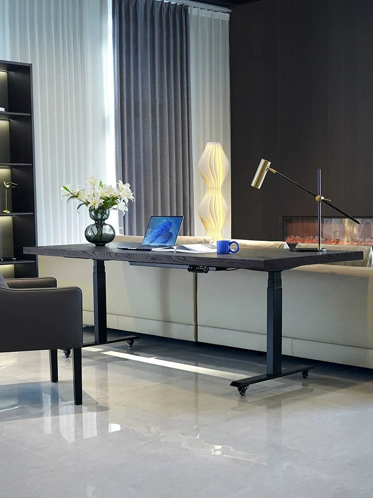 White ash height adjustable desk shown at standing height