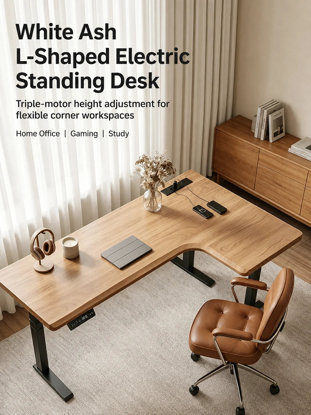 White ash L-shaped electric standing desk with triple-motor lift in a corner workspace