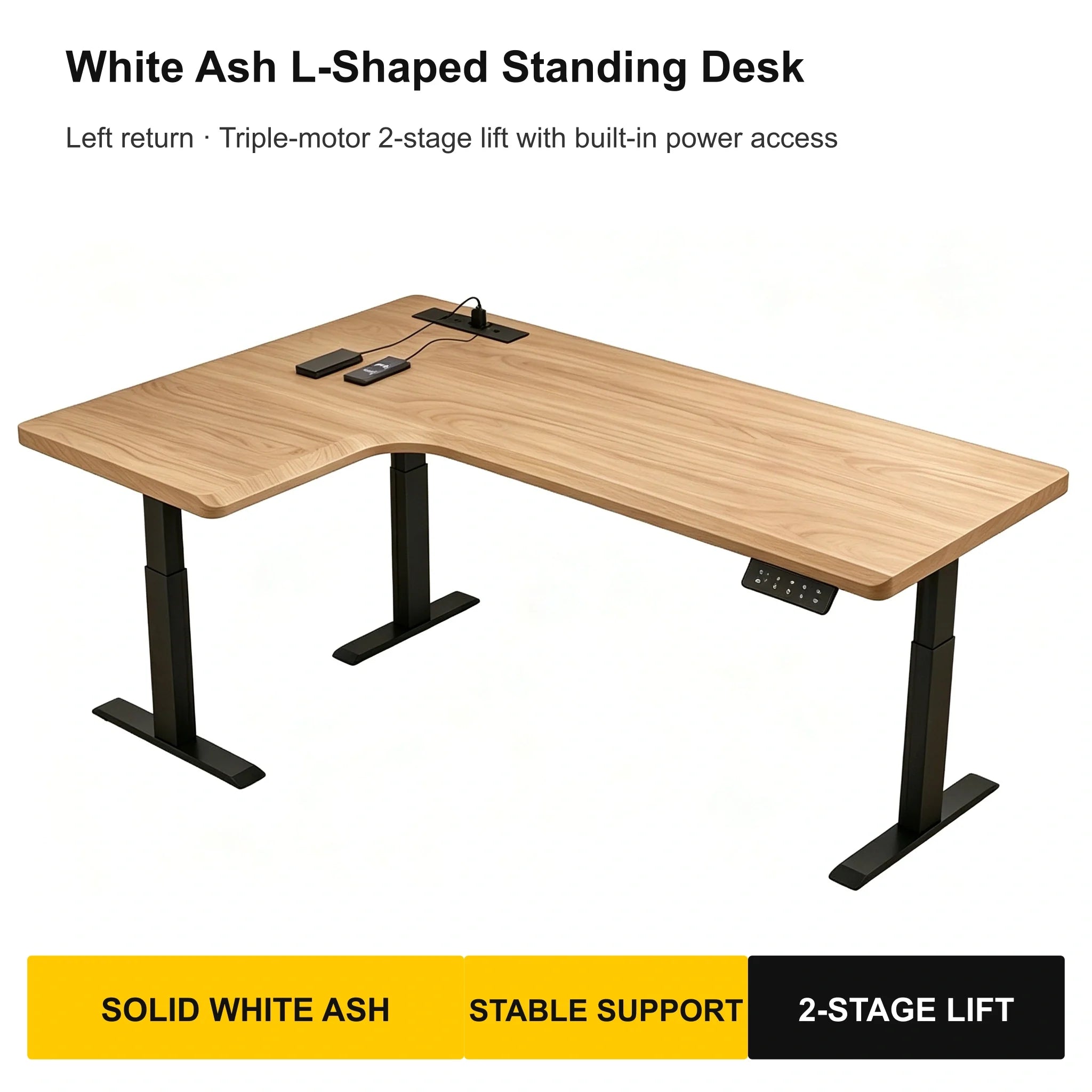 Complete white ash L-shaped electric standing desk with left-return desktop and triple-motor lift