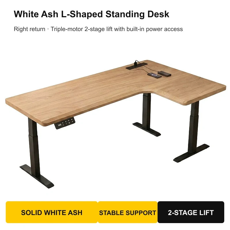 Complete white ash L-shaped electric standing desk with right-return desktop and triple-motor lift