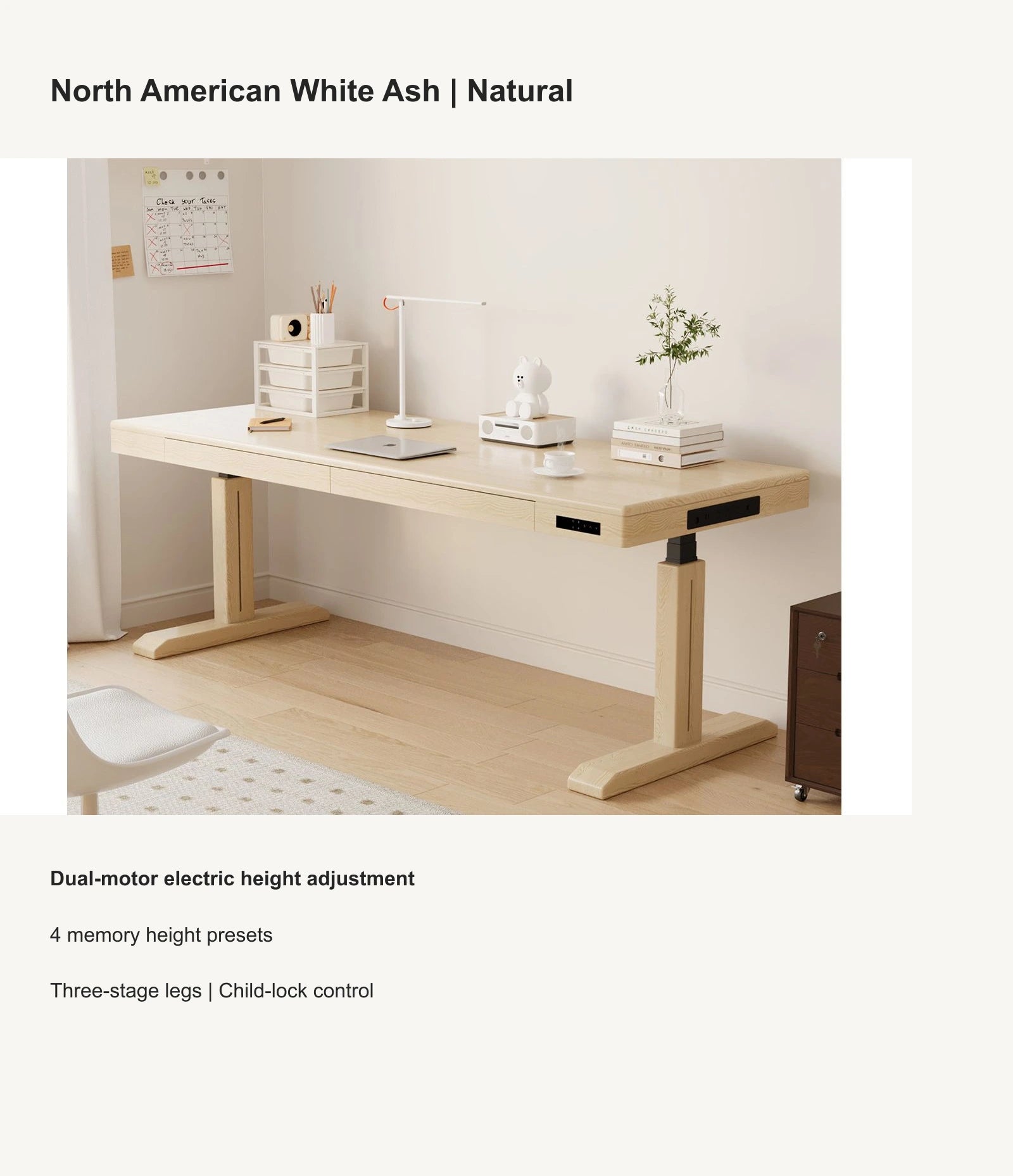 North American white ash electric standing desk with natural finish