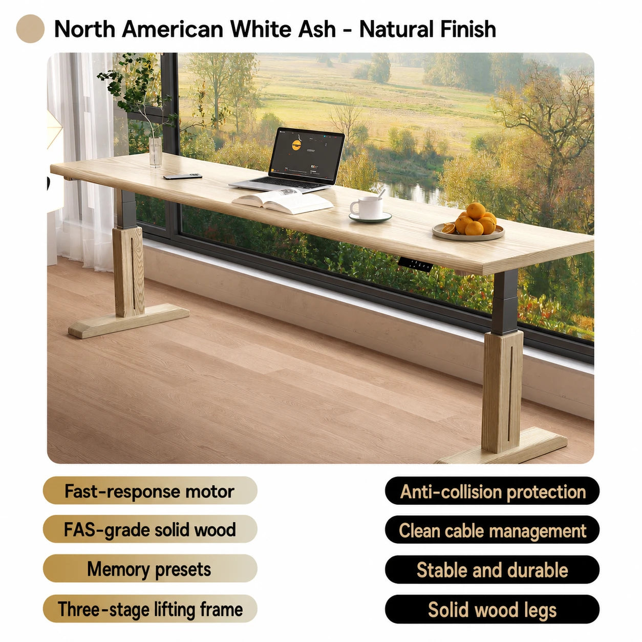 Natural white ash electric standing desk with memory presets