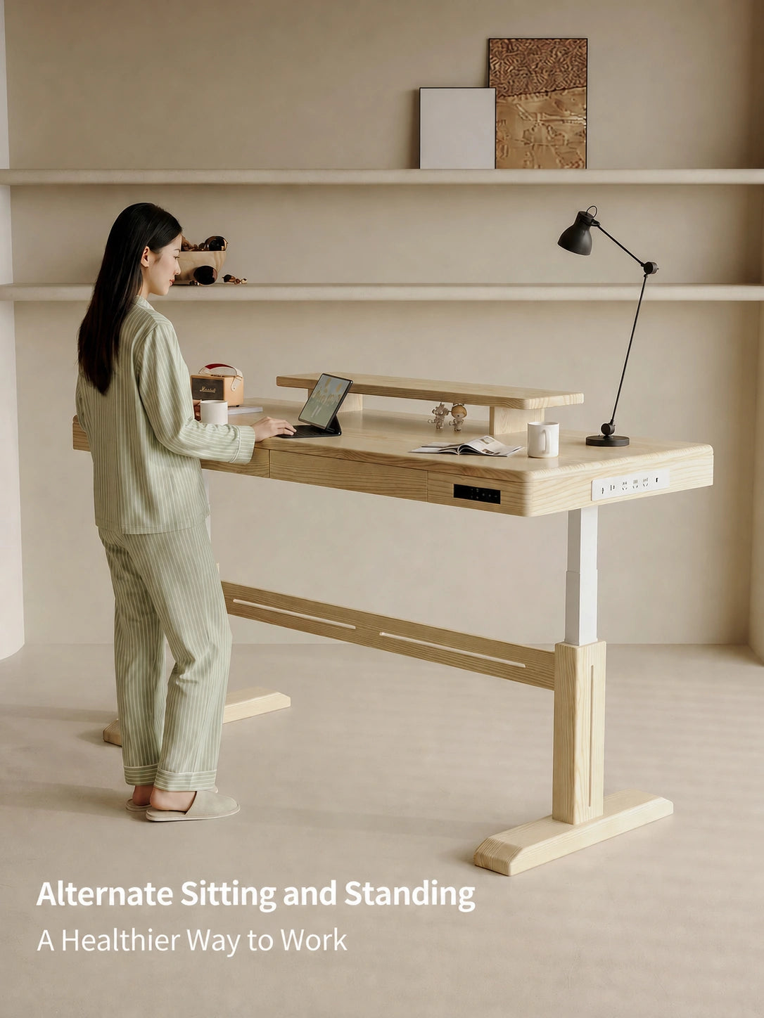 Natural white ash sit stand desk raised for standing work in a home office
