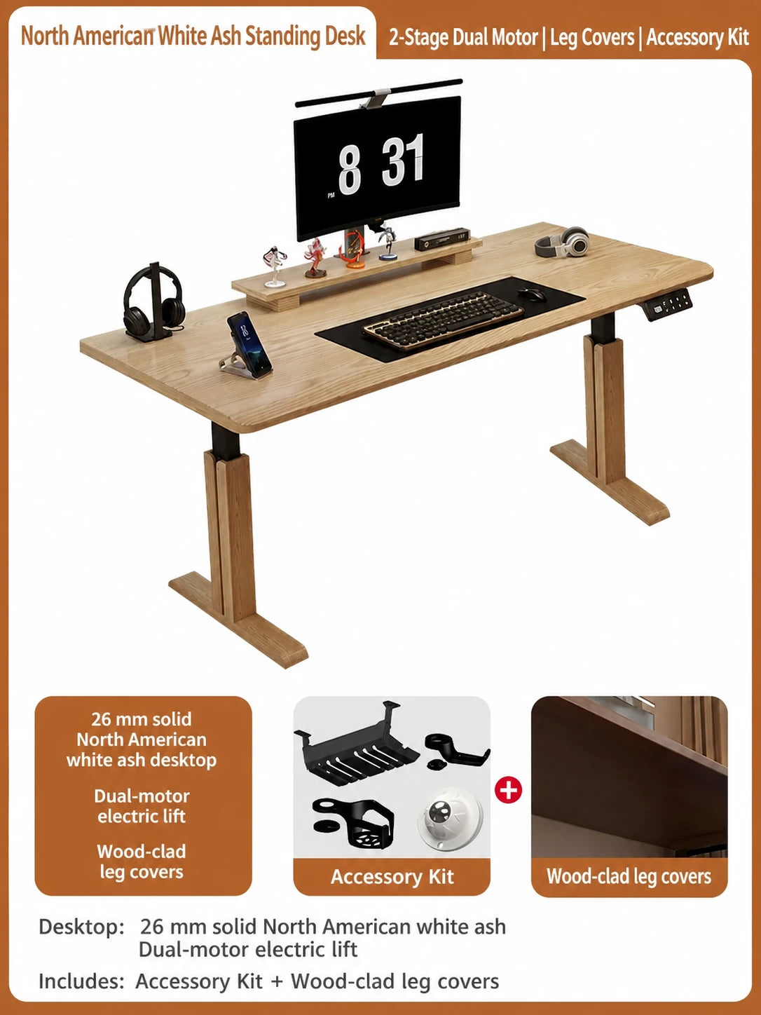 Two-stage dual-motor white ash standing desk with accessory kit