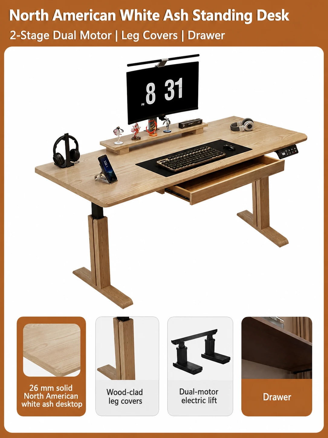 Two-stage dual-motor white ash standing desk with integrated drawer