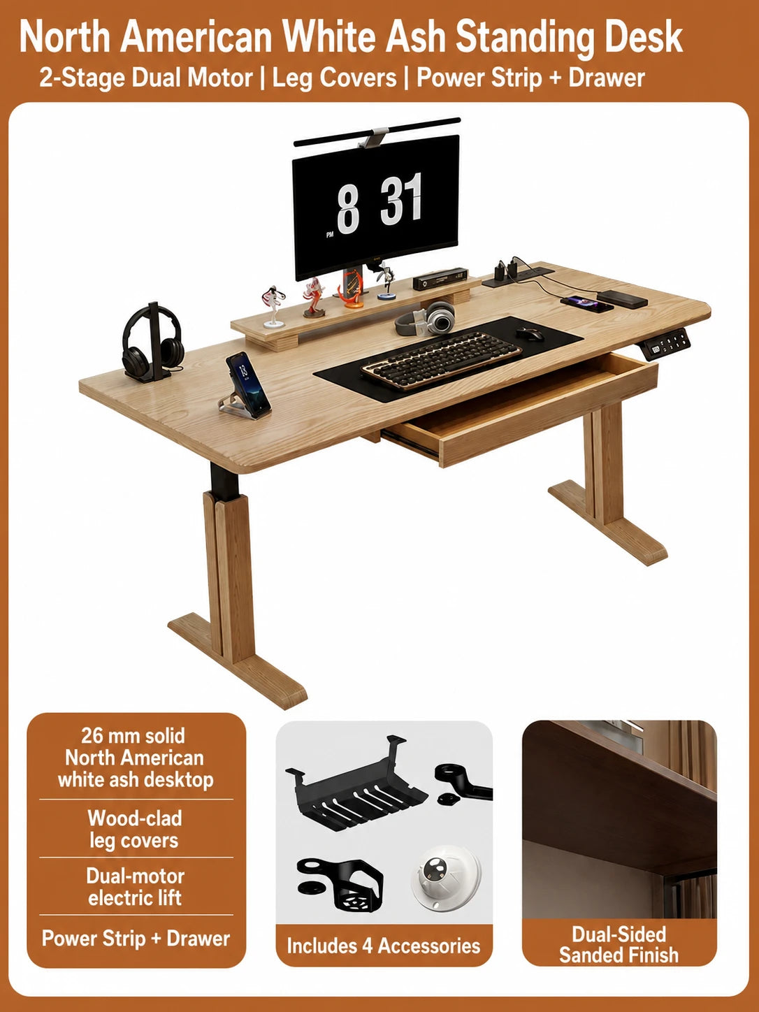 Two-stage white ash standing desk with power strip and drawer