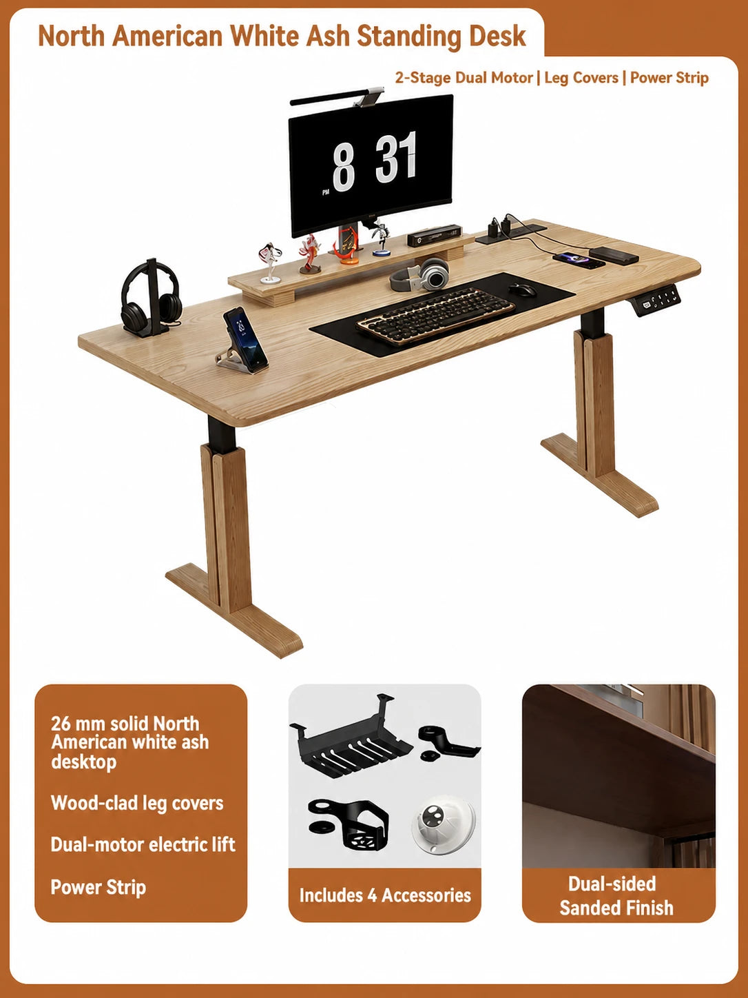 Two-stage dual-motor white ash standing desk with built-in power strip