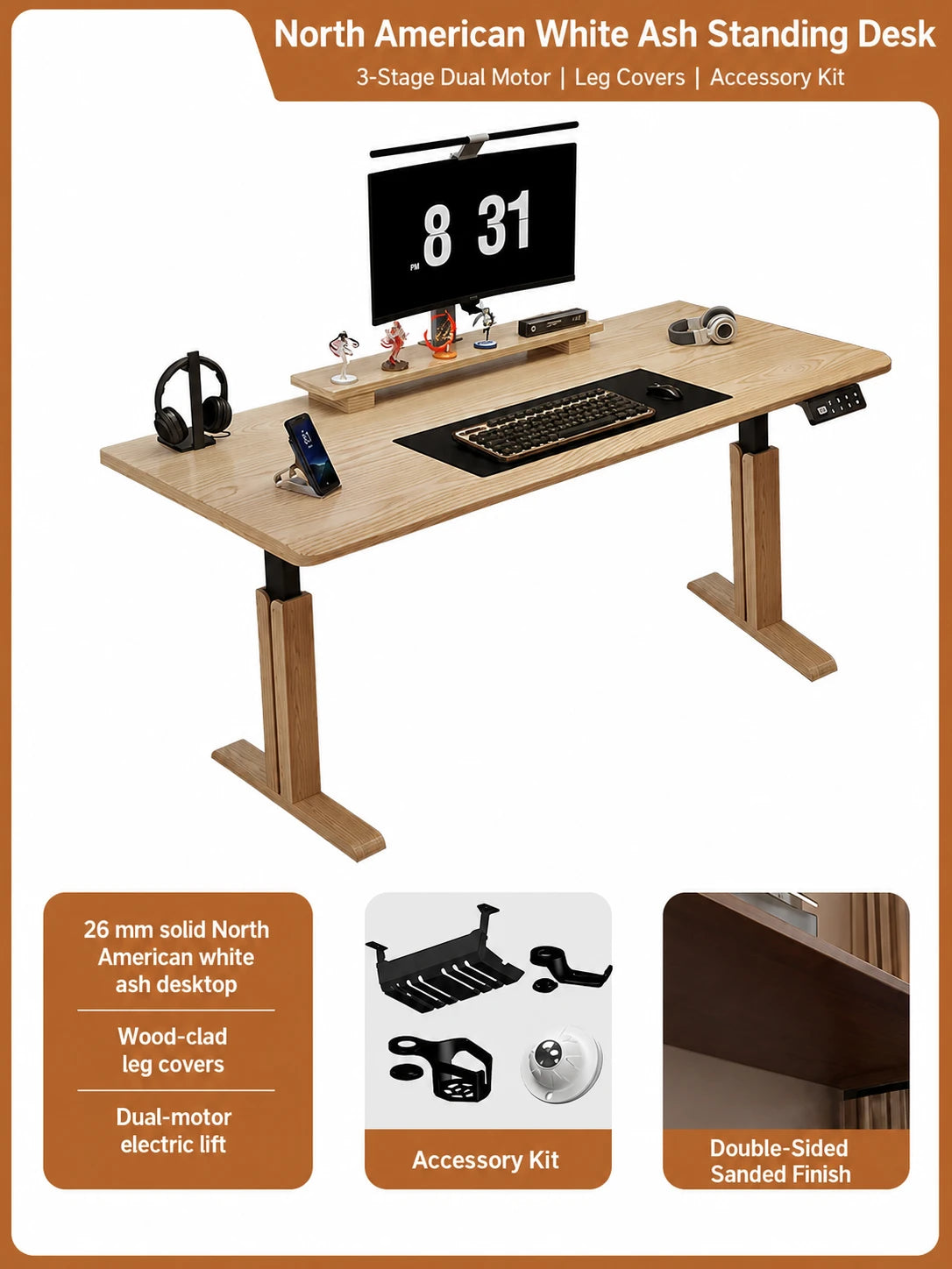 Three-stage dual-motor white ash standing desk with accessory kit