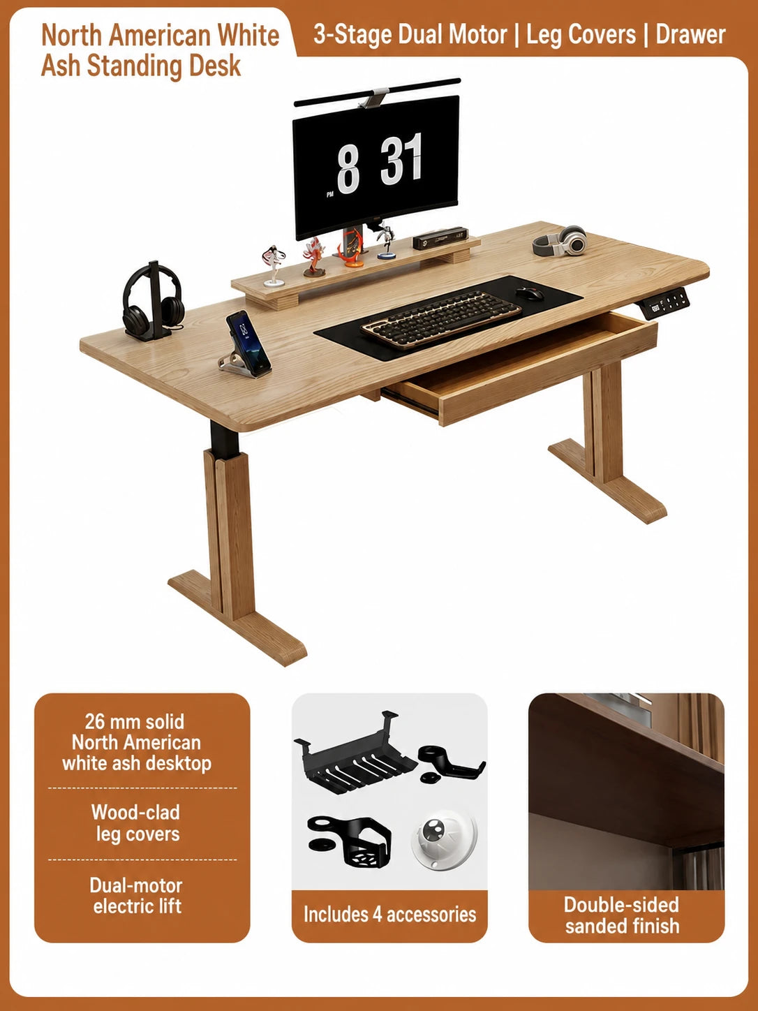 Three-stage dual-motor white ash standing desk with integrated drawer